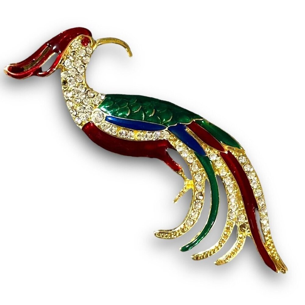 Vintage Rhinestone Enamel Bird Of Paradise Brooch Multicolor Gold-Tone EUC